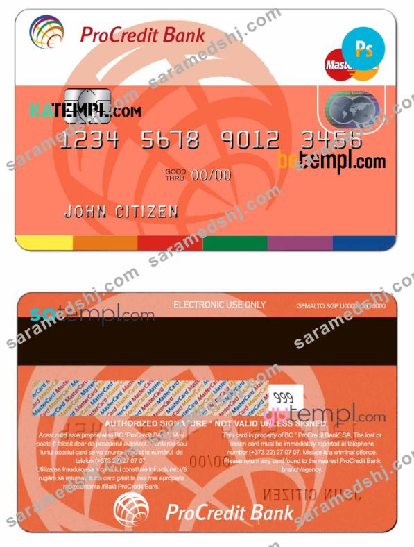 Moldova Procredit bank mastercard, fully editable template in PSD format
